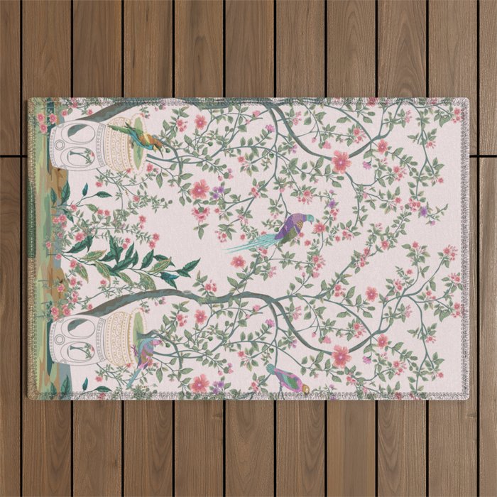 Chinoiserie Blush Pink Fresco Floral Garden Birds Oriental Botanical Outdoor Rug Gallery Image 1