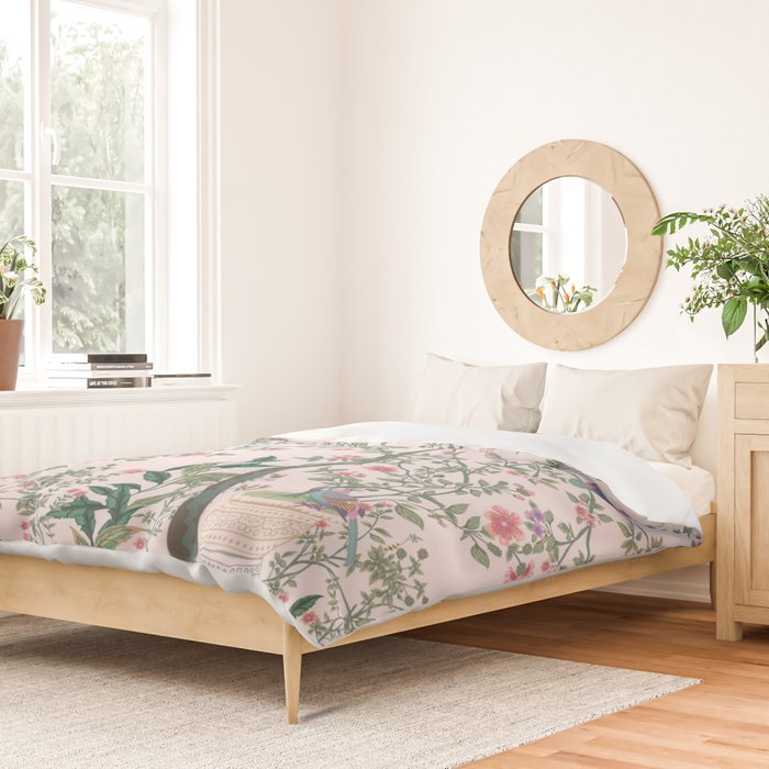 Chinoiserie Blush Pink Fresco Floral Garden Birds Oriental Botanical Duvet Cover Gallery Image 2