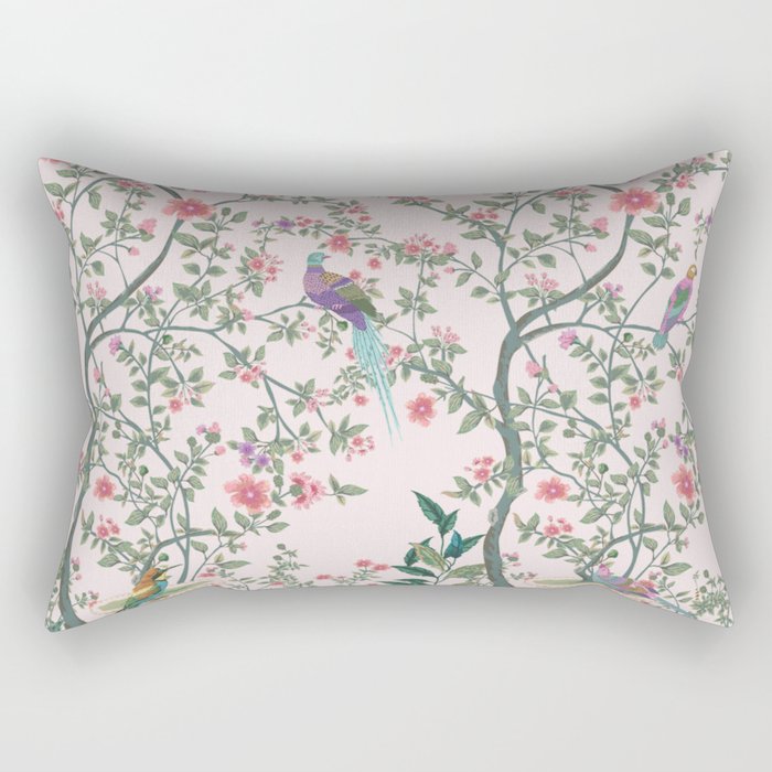 Chinoiserie Blush Pink Fresco Floral Garden Birds Oriental Botanical Rectangular Pillow Gallery Image 1