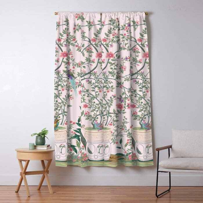 Chinoiserie Blush Pink Fresco Floral Garden Birds Oriental Botanical Window Curtain Gallery Image 5