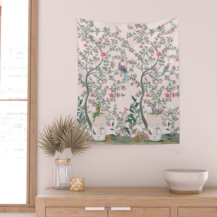Chinoiserie Blush Pink Fresco Floral Garden Birds Oriental Botanical Wall Tapestry Gallery Image 2