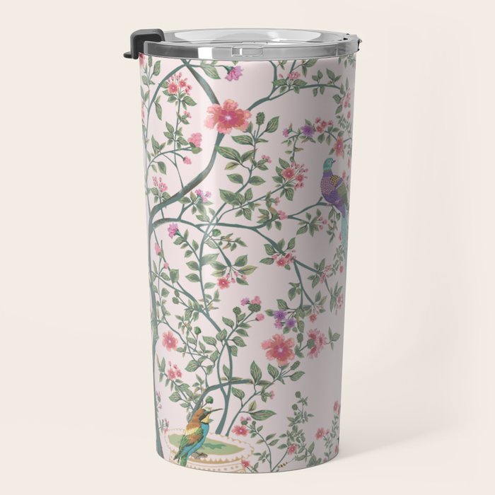 Chinoiserie Blush Pink Fresco Floral Garden Birds Oriental Botanical Travel Mug Gallery Image 3