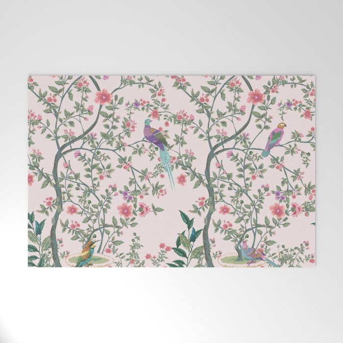Chinoiserie Blush Pink Fresco Floral Garden Birds Oriental Botanical Welcome Mat Gallery Image 1