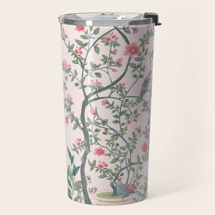 Chinoiserie Blush Pink Fresco Floral Garden Birds Oriental Botanical Travel Mug Gallery Image 2