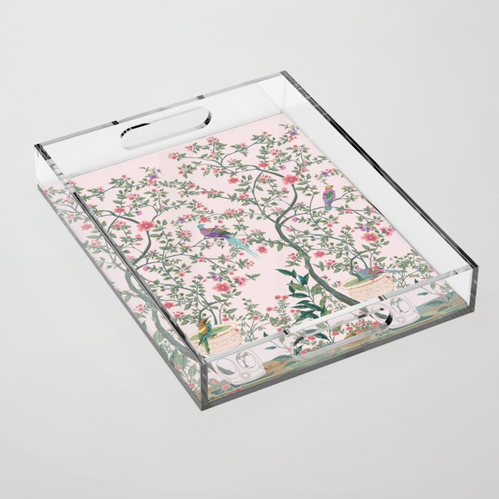 Chinoiserie Blush Pink Fresco Floral Garden Birds Oriental Botanical Acrylic Tray Gallery Image 1