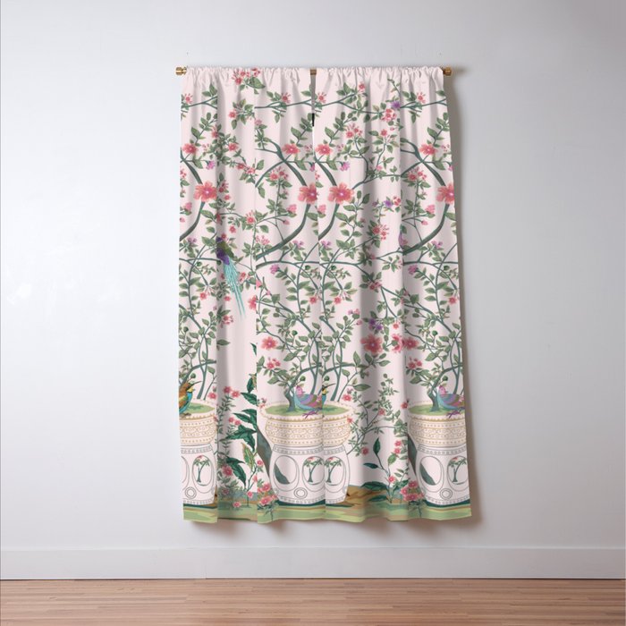 Chinoiserie Blush Pink Fresco Floral Garden Birds Oriental Botanical Window Curtain Gallery Image 3