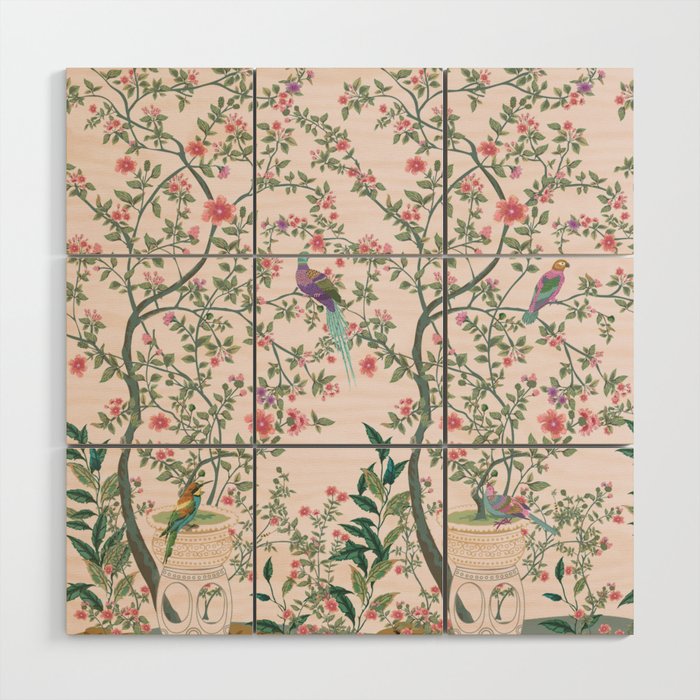 Chinoiserie Blush Pink Fresco Floral Garden Birds Oriental Botanical Wood Wall Art Gallery Image 1