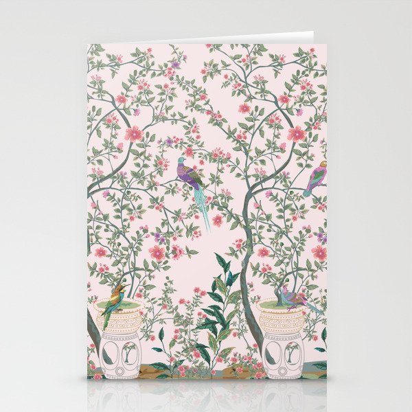 Chinoiserie Blush Pink Fresco Floral Garden Birds Oriental Botanical Stationery Card Gallery Image 2