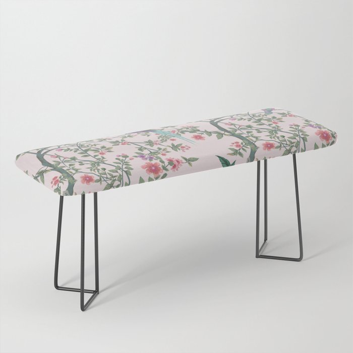 Chinoiserie Blush Pink Fresco Floral Garden Birds Oriental Botanical Bench Gallery Image 1