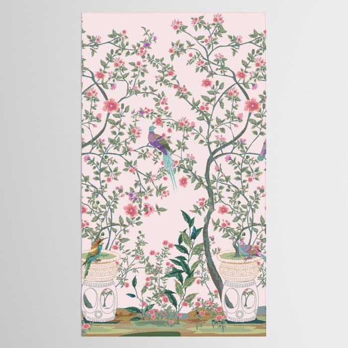 Chinoiserie Blush Pink Fresco Floral Garden Birds Oriental Botanical Tablecloth Gallery Image 2