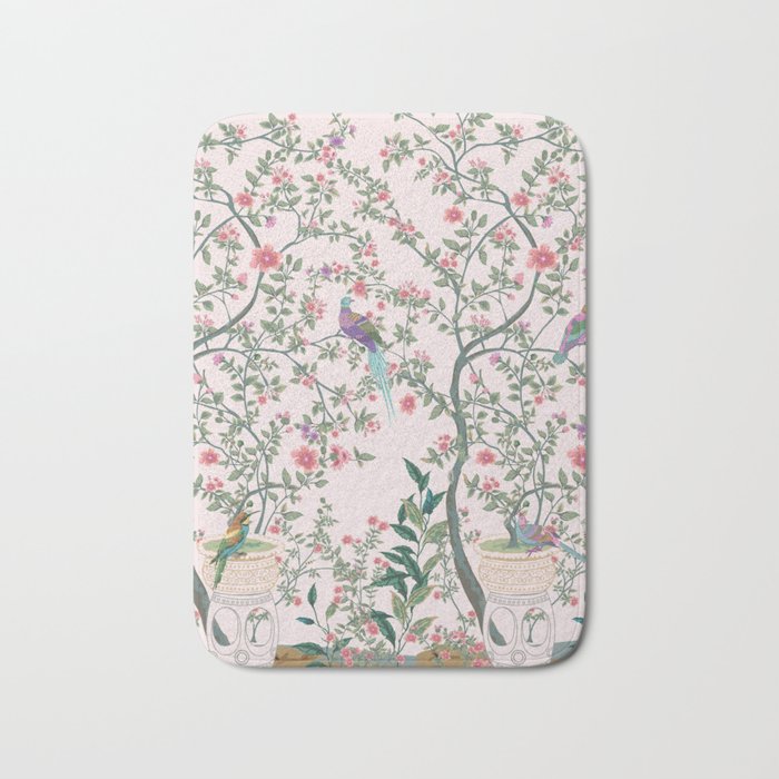Chinoiserie Blush Pink Fresco Floral Garden Birds Oriental Botanical Bath Mat Gallery Image 1
