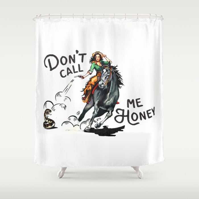 "Don't Call Me Honey" Cowgirl On Horseback Shooting a Rattlesnake Shower Curtain Gallery Image 1