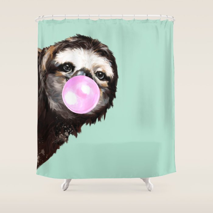 Bubble Gum Sneaky Sloth in Green Shower Curtain Gallery Image 1