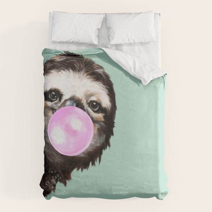 Bubble Gum Sneaky Sloth in Green Duvet Cover Gallery Image 1