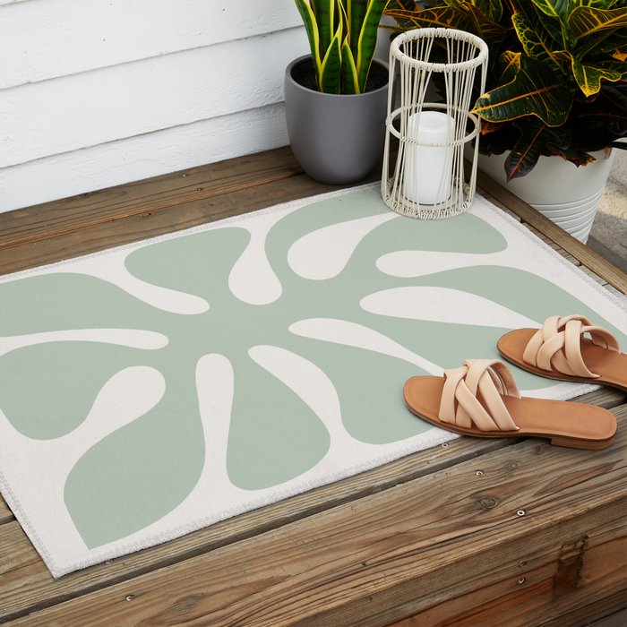Minimal Abstract Matisse Monstera Pastel Sage Green 1/2 Outdoor Rug Gallery Image 2
