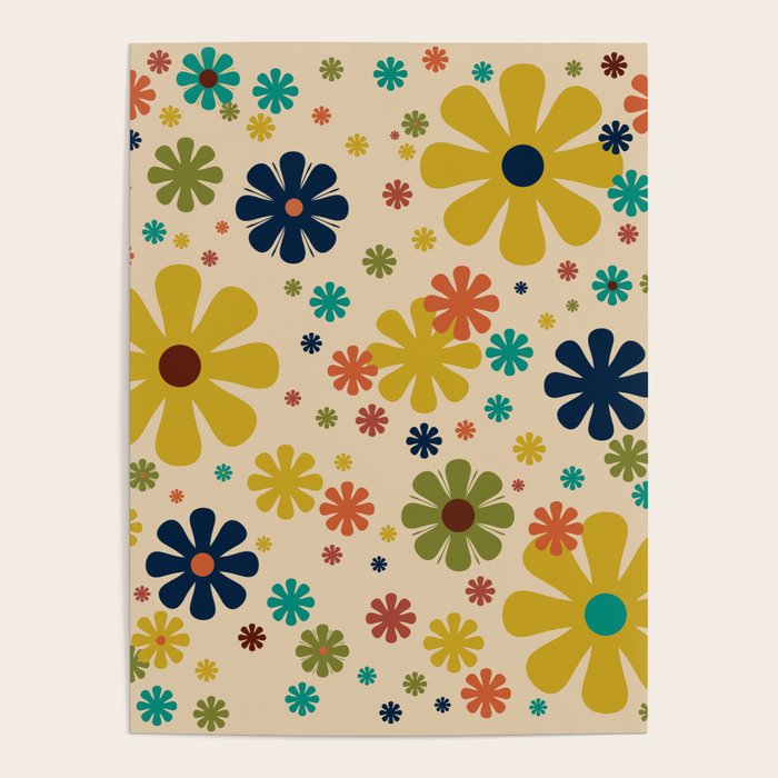 Flowerama Retro Floral Pattern in Mid Mod Mustard, Orange, Teal, Olive, and Beige Poster Gallery Image 1