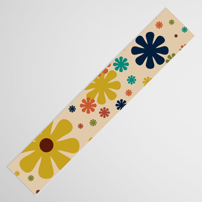 Flowerama Retro Floral Pattern in Mid Mod Mustard, Orange, Teal, Olive, and Beige Table Runner Gallery Image 3