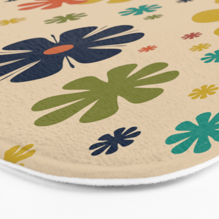Flowerama Retro Floral Pattern in Mid Mod Mustard, Orange, Teal, Olive, and Beige Bath Mat Gallery Image 3