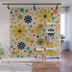 Flowerama Retro Floral Pattern in Mid Mod Mustard, Orange, Teal, Olive, and Beige Wall Mural Gallery Image 1