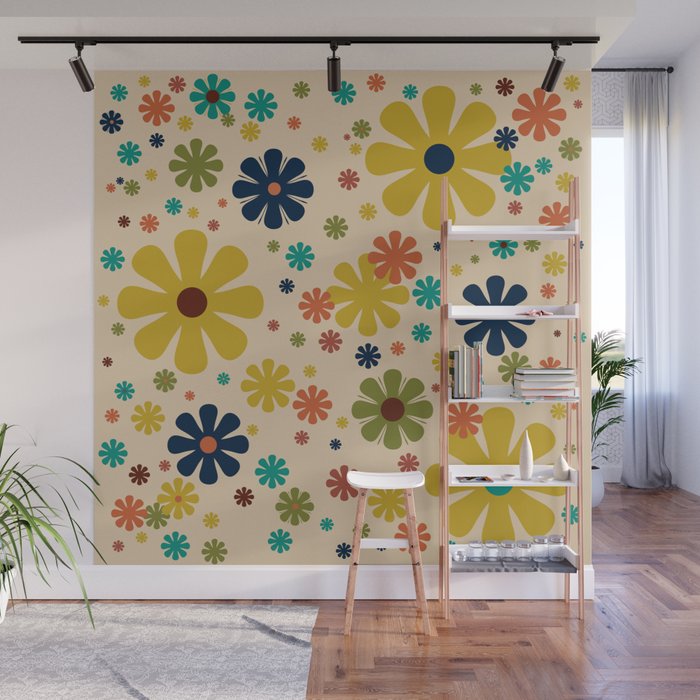 Flowerama Retro Floral Pattern in Mid Mod Mustard, Orange, Teal, Olive, and Beige Wall Mural Gallery Image 1