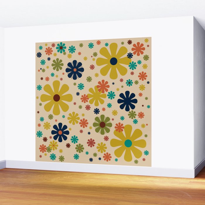 Flowerama Retro Floral Pattern in Mid Mod Mustard, Orange, Teal, Olive, and Beige Wall Mural Gallery Image 2