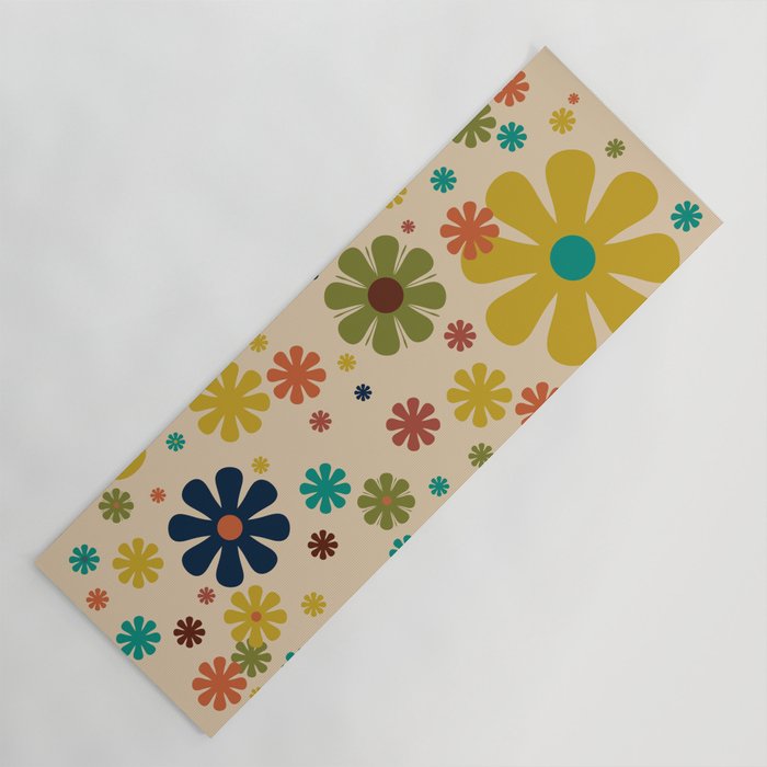 Flowerama Retro Floral Pattern in Mid Mod Mustard, Orange, Teal, Olive, and Beige Yoga Mat Gallery Image 1