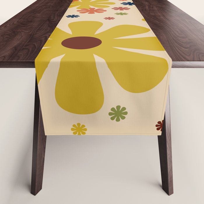 Flowerama Retro Floral Pattern in Mid Mod Mustard, Orange, Teal, Olive, and Beige Table Runner Gallery Image 1