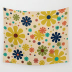 Flowerama Retro Floral Pattern in Mid Mod Mustard, Orange, Teal, Olive, and Beige Wall Tapestry Gallery Image 4