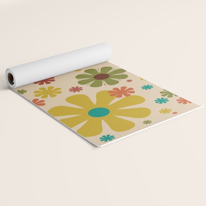 Flowerama Retro Floral Pattern in Mid Mod Mustard, Orange, Teal, Olive, and Beige Yoga Mat Gallery Image 2