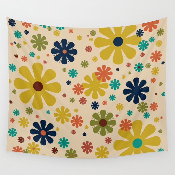 Flowerama Retro Floral Pattern in Mid Mod Mustard, Orange, Teal, Olive, and Beige Wall Tapestry Gallery Image 1