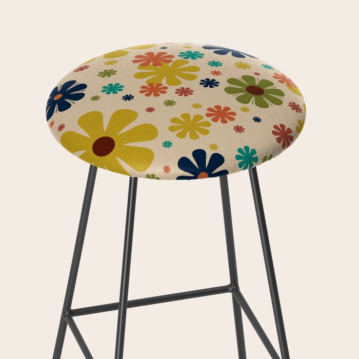 Flowerama Retro Floral Pattern in Mid Mod Mustard, Orange, Teal, Olive, and Beige Stool Gallery Image 2