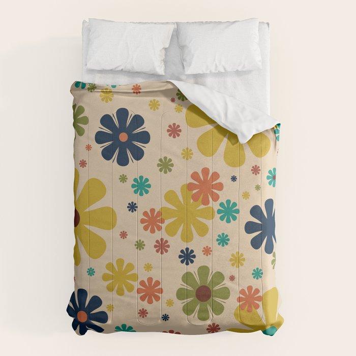 Flowerama Retro Floral Pattern in Mid Mod Mustard, Orange, Teal, Olive, and Beige Comforter Gallery Image 6