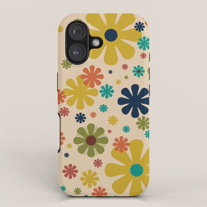Flowerama Retro Floral Pattern in Mid Mod Mustard, Orange, Teal, Olive, and Beige iPhone Case Gallery Image 1