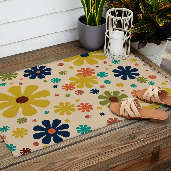 Flowerama Retro Floral Pattern in Mid Mod Mustard, Orange, Teal, Olive, and Beige Outdoor Rug Gallery Image 2