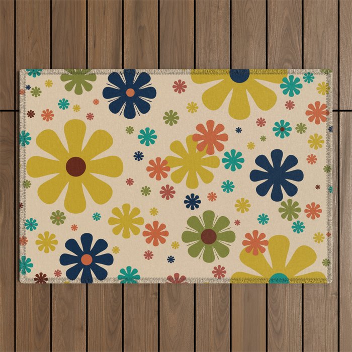 Flowerama Retro Floral Pattern in Mid Mod Mustard, Orange, Teal, Olive, and Beige Outdoor Rug Gallery Image 1