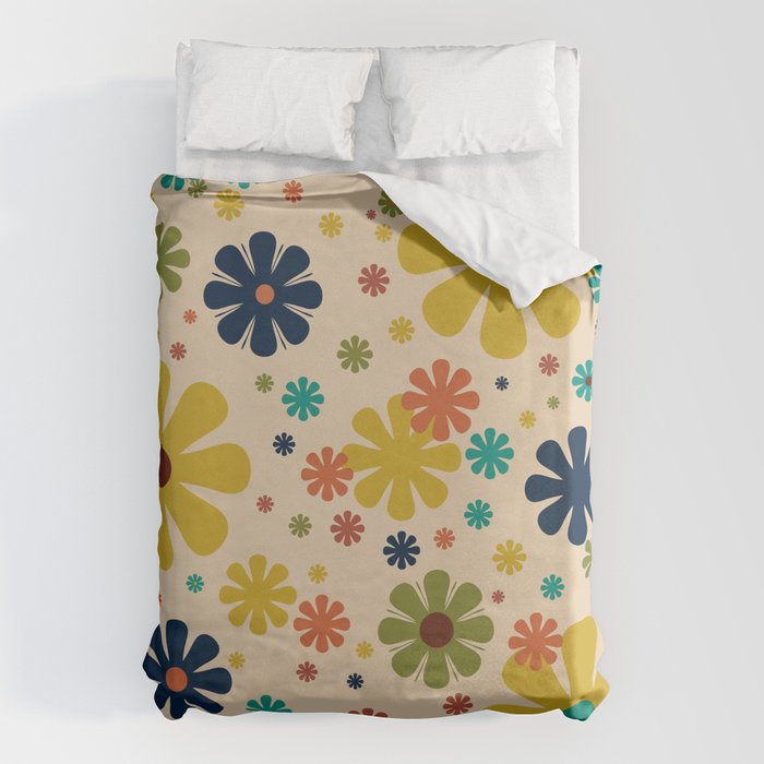 Flowerama Retro Floral Pattern in Mid Mod Mustard, Orange, Teal, Olive, and Beige Duvet Cover Gallery Image 6