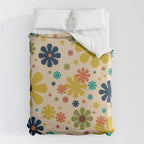 Flowerama Retro Floral Pattern in Mid Mod Mustard, Orange, Teal, Olive, and Beige Duvet Cover Gallery Image 6