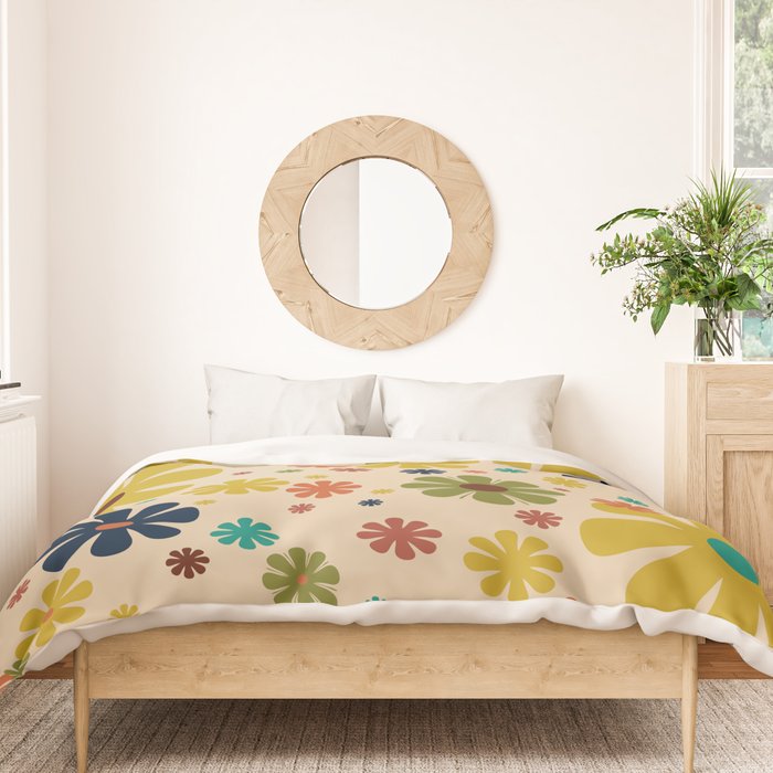 Flowerama Retro Floral Pattern in Mid Mod Mustard, Orange, Teal, Olive, and Beige Duvet Cover Gallery Image 3