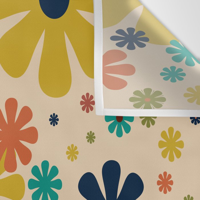 Flowerama Retro Floral Pattern in Mid Mod Mustard, Orange, Teal, Olive, and Beige Wall Tapestry Gallery Image 3