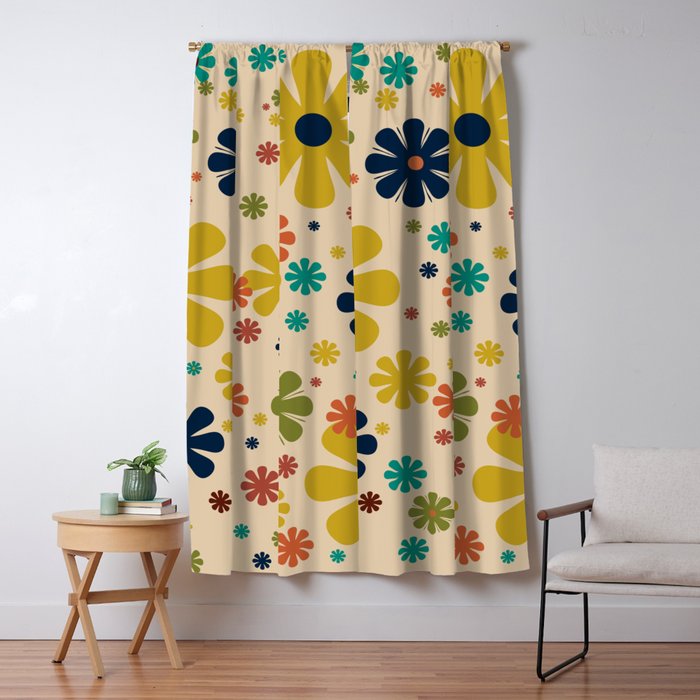 Flowerama Retro Floral Pattern in Mid Mod Mustard, Orange, Teal, Olive, and Beige Window Curtain Gallery Image 5