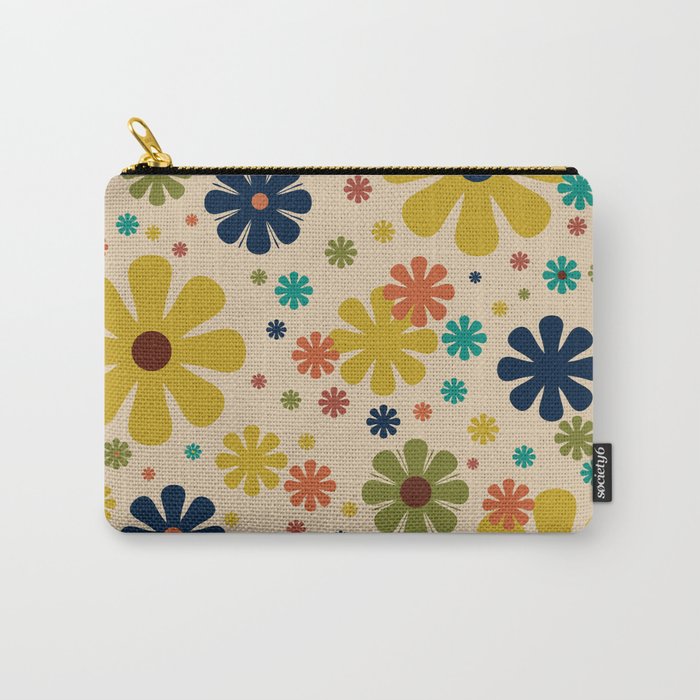 Flowerama Retro Floral Pattern in Mid Mod Mustard, Orange, Teal, Olive, and Beige Carry All Pouch Gallery Image 1