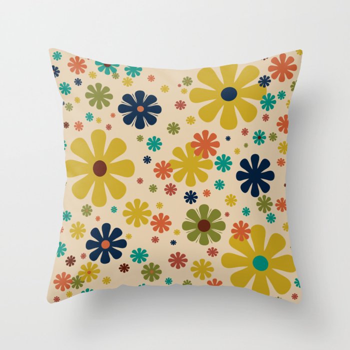 Flowerama Retro Floral Pattern in Mid Mod Mustard, Orange, Teal, Olive, and Beige Throw Pillow Gallery Image 1