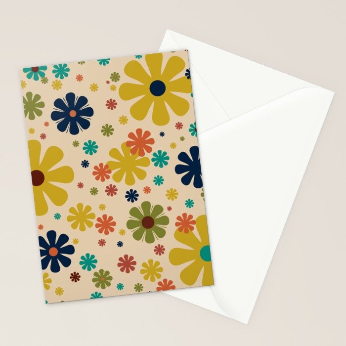 Flowerama Retro Floral Pattern in Mid Mod Mustard, Orange, Teal, Olive, and Beige Stationery Card Gallery Image 2