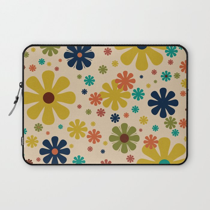 Flowerama Retro Floral Pattern in Mid Mod Mustard, Orange, Teal, Olive, and Beige Laptop Sleeve Gallery Image 1