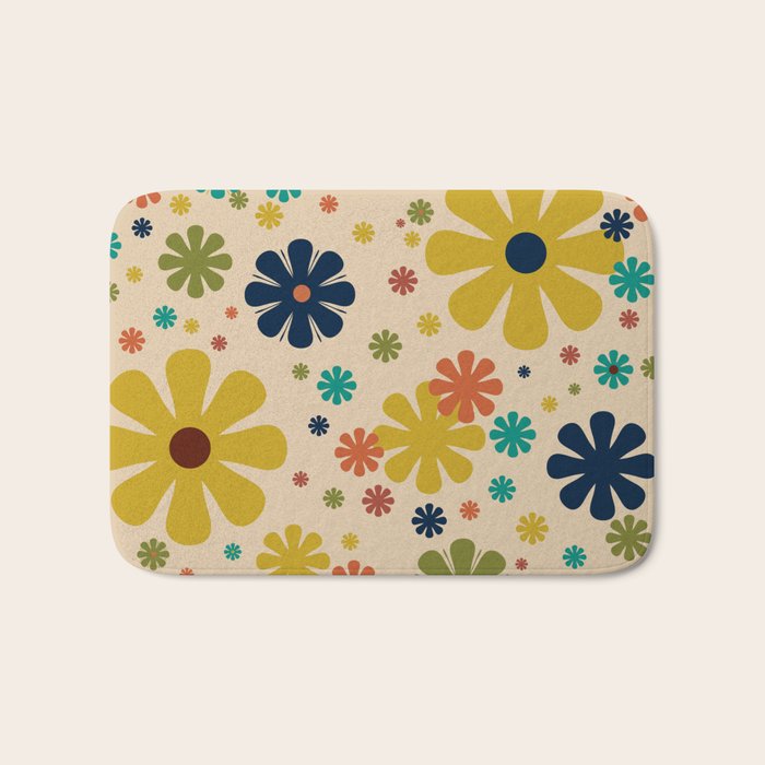 Flowerama Retro Floral Pattern in Mid Mod Mustard, Orange, Teal, Olive, and Beige Bath Mat Gallery Image 1