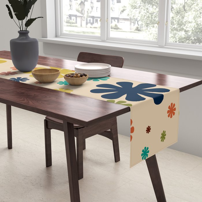 Flowerama Retro Floral Pattern in Mid Mod Mustard, Orange, Teal, Olive, and Beige Table Runner Gallery Image 2