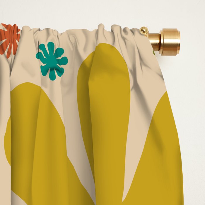 Flowerama Retro Floral Pattern in Mid Mod Mustard, Orange, Teal, Olive, and Beige Window Curtain Gallery Image 2