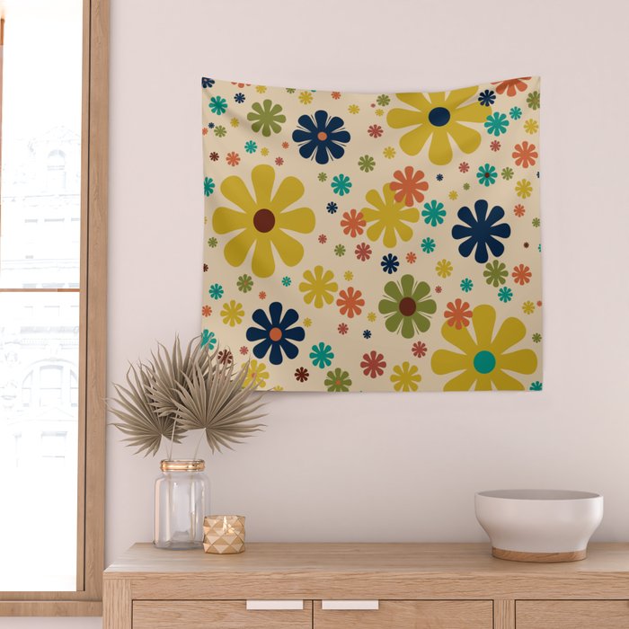 Flowerama Retro Floral Pattern in Mid Mod Mustard, Orange, Teal, Olive, and Beige Wall Tapestry Gallery Image 2