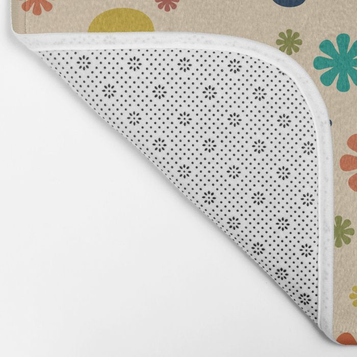 Flowerama Retro Floral Pattern in Mid Mod Mustard, Orange, Teal, Olive, and Beige Bath Mat Gallery Image 2