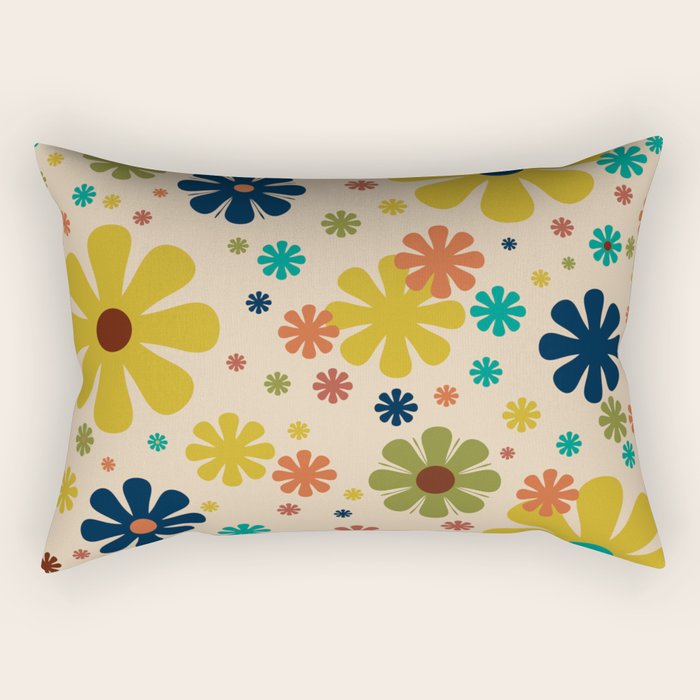 Flowerama Retro Floral Pattern in Mid Mod Mustard, Orange, Teal, Olive, and Beige Rectangular Pillow Gallery Image 2